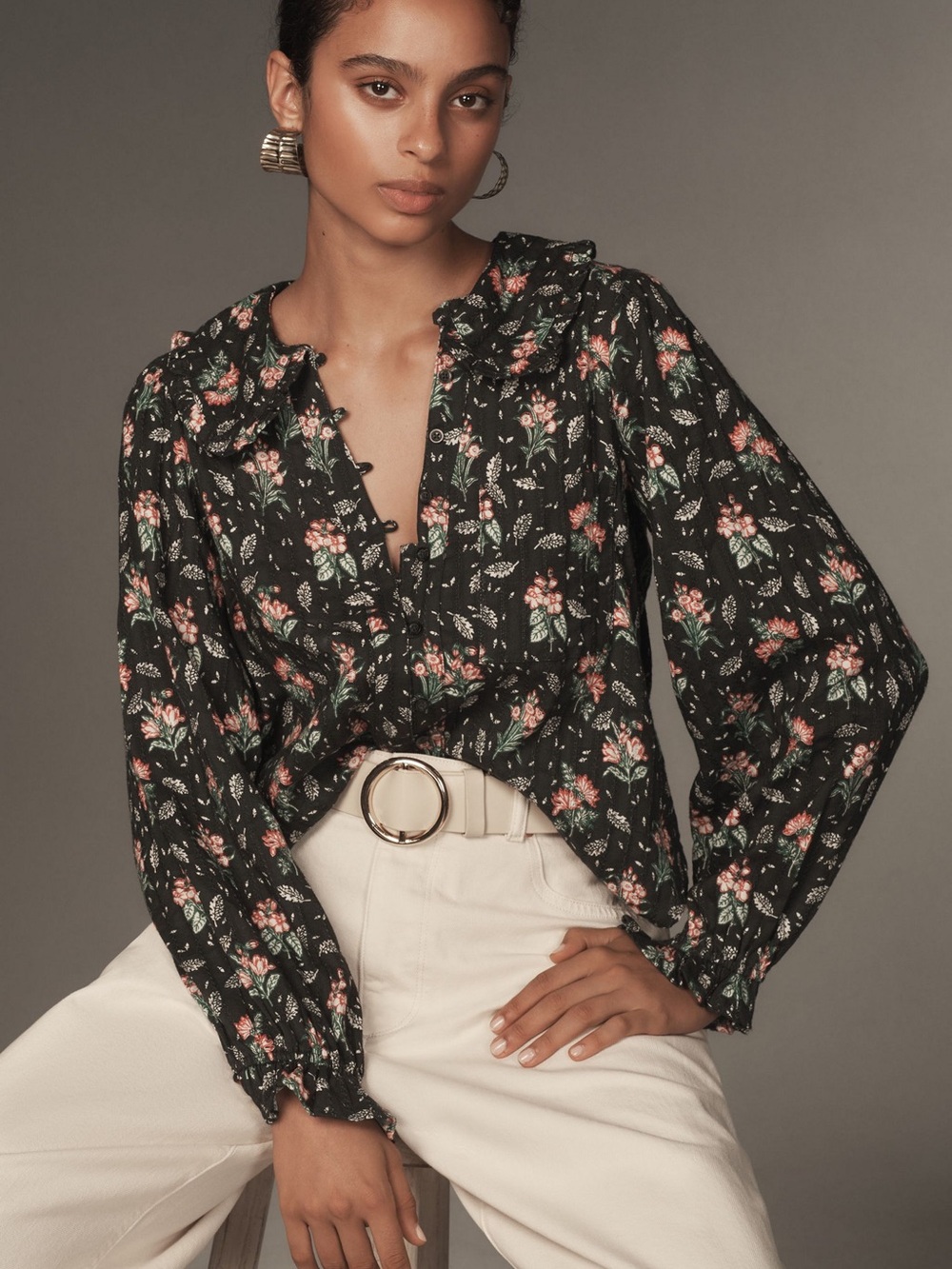 Pilcro by Anthropologie The Keira Collared Black Floral Ruffle-Trim Blouse XS